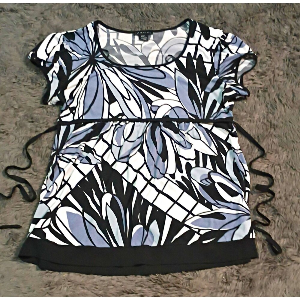 Ingredients Black White Gray Floral Chiffon Tie Scoop Neck Blouse L
